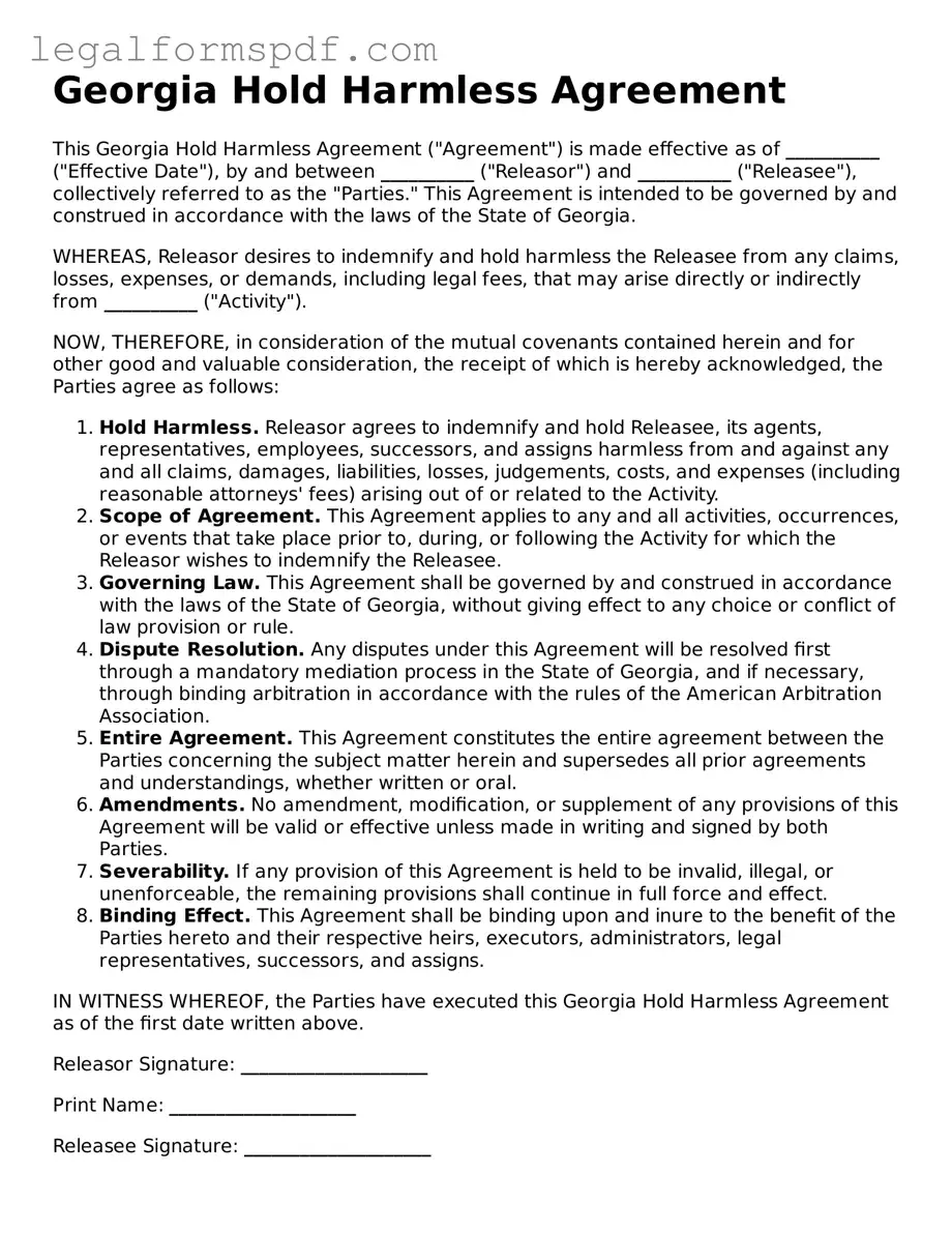 Fillable  Hold Harmless Agreement Document for Georgia