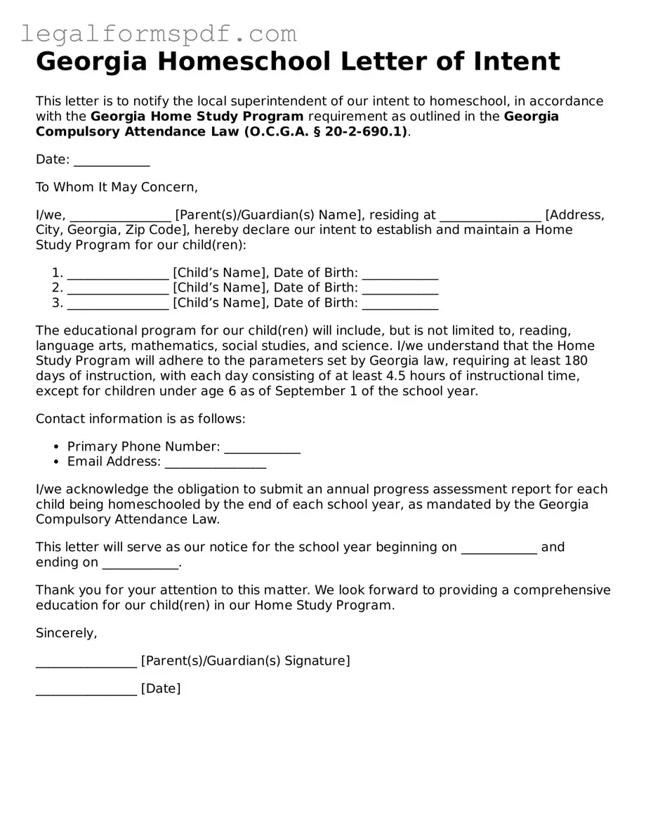 Fillable  Homeschool Letter of Intent Document for Georgia