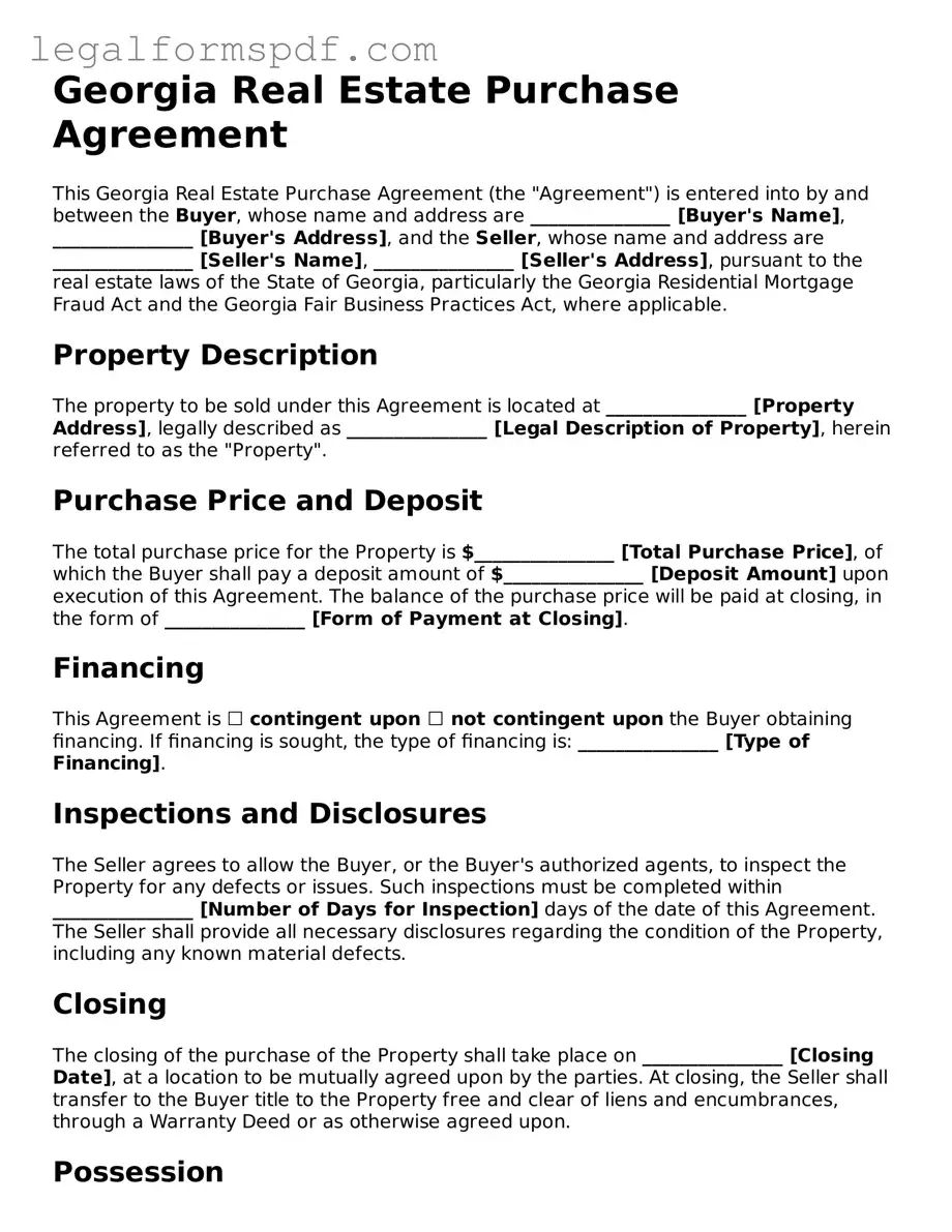 Fillable  Real Estate Purchase Agreement Document for Georgia