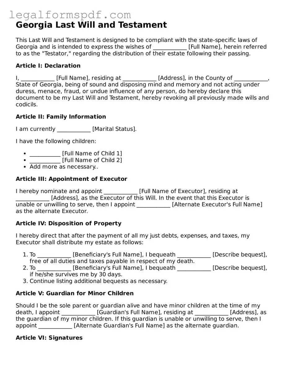 Fillable  Last Will and Testament Document for Georgia