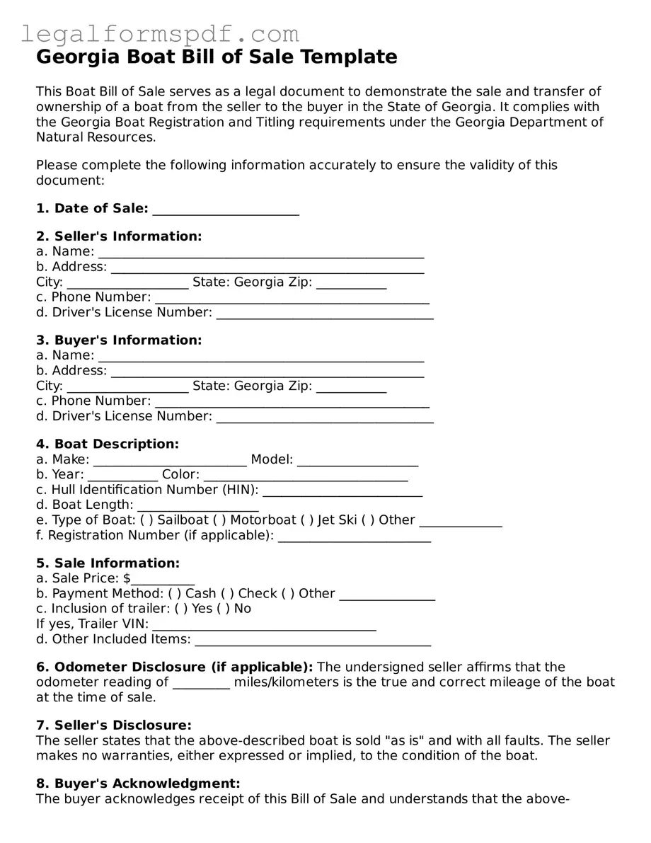 Fillable  Boat Bill of Sale Document for Georgia