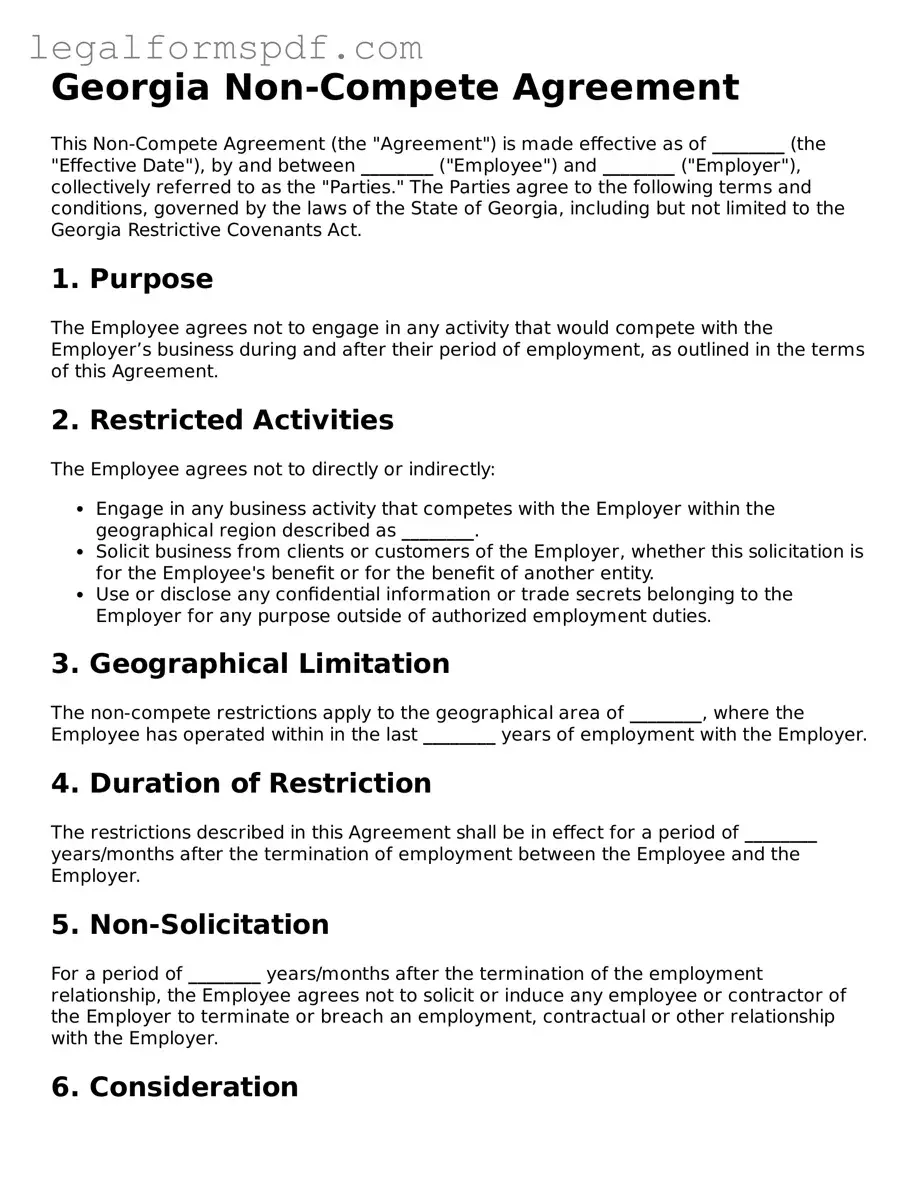Fillable  Non-compete Agreement Document for Georgia