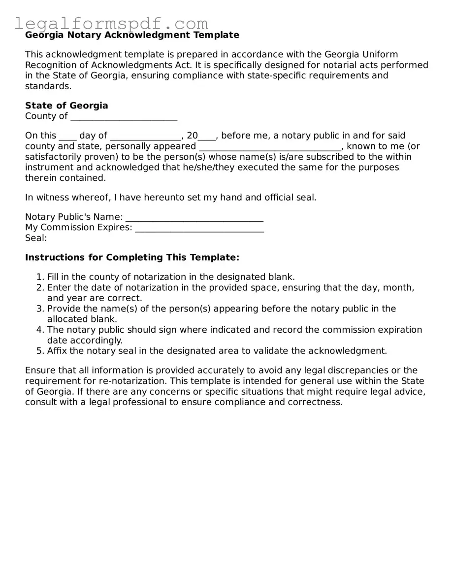 Fillable  Notary Acknowledgement Document for Georgia