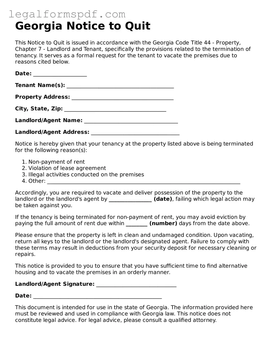 Fillable  Notice to Quit Document for Georgia
