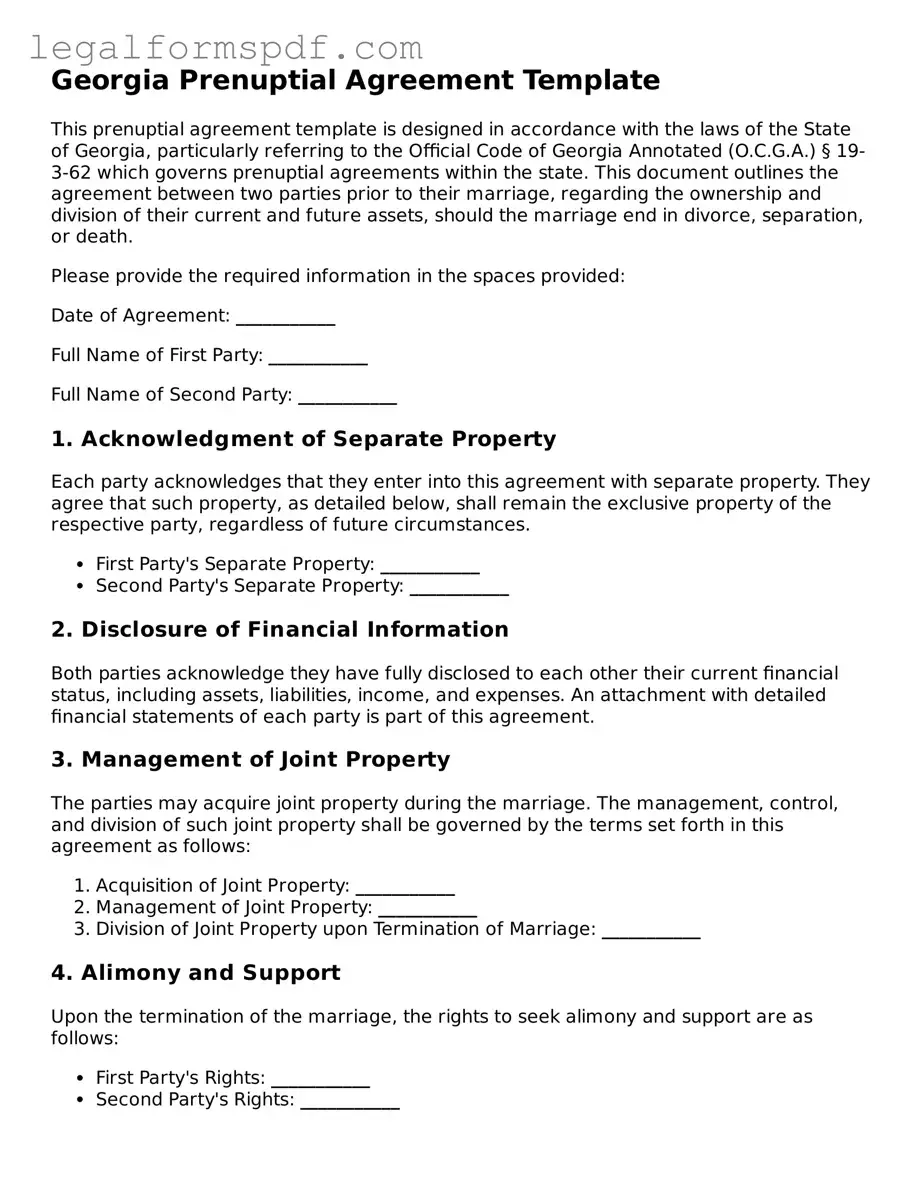 Fillable  Prenuptial Agreement Document for Georgia