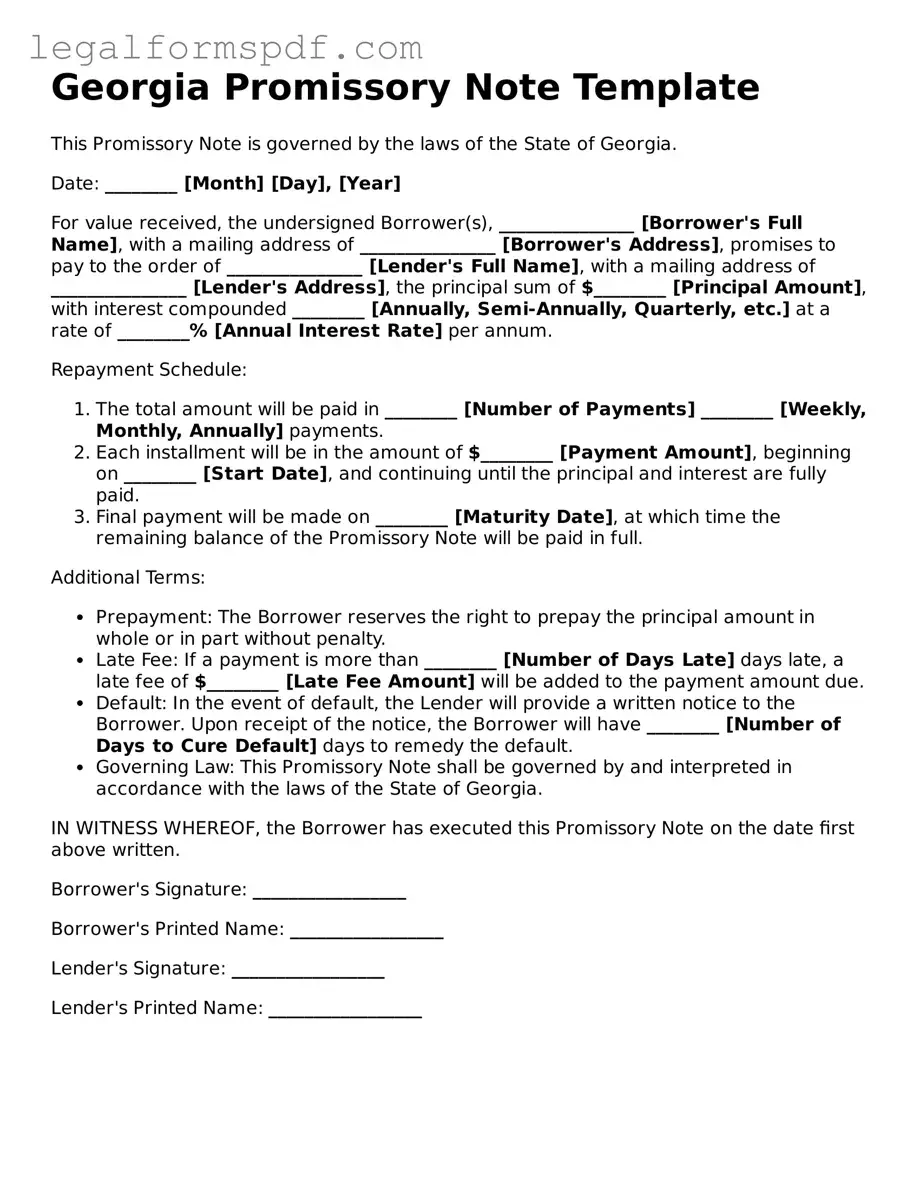 Fillable  Promissory Note Document for Georgia