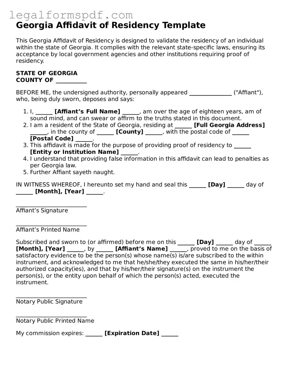 Fillable  Affidavit of Residency Document for Georgia