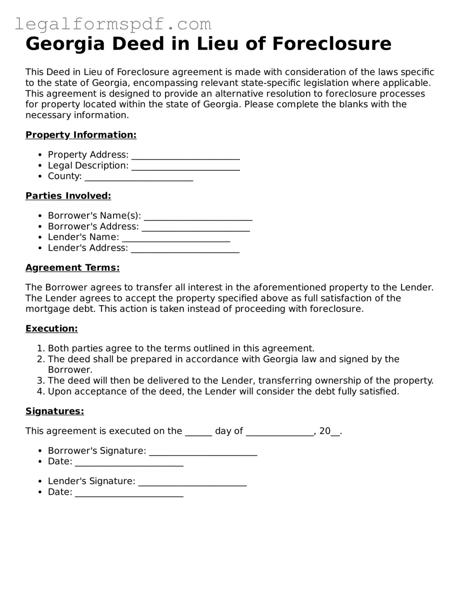 Fillable  Deed in Lieu of Foreclosure Document for Georgia