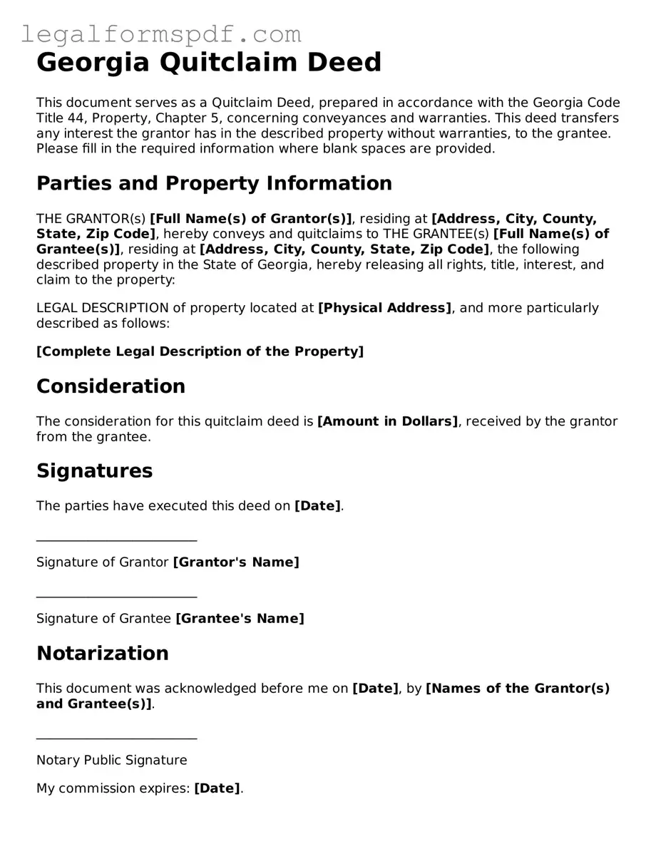 Fillable  Quitclaim Deed Document for Georgia