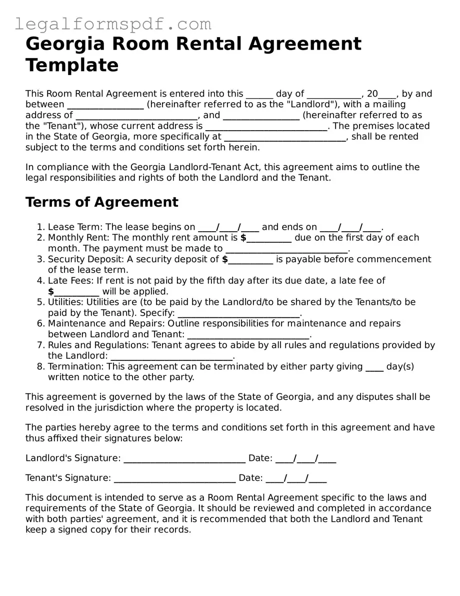 Fillable  Room Rental Agreement Document for Georgia