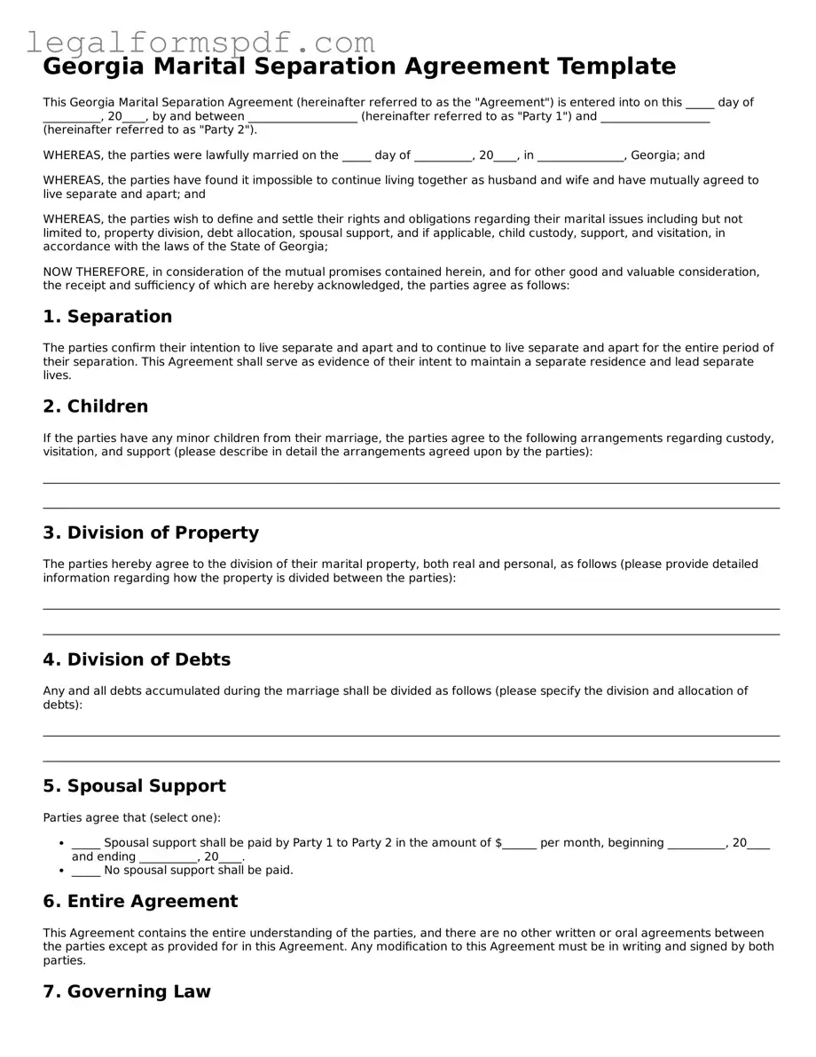 Fillable  Marital Separation Agreement Document for Georgia