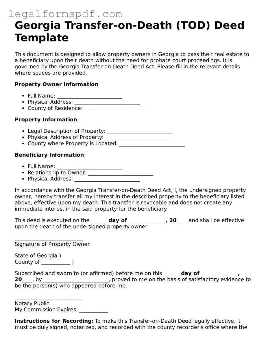 Fillable  Transfer-on-Death Deed Document for Georgia