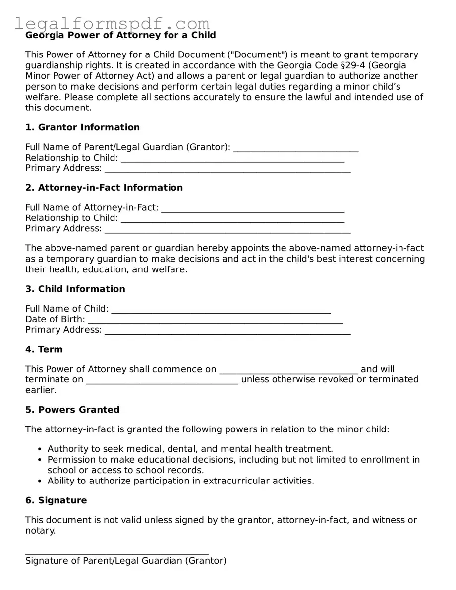 Fillable  Power of Attorney for a Child Document for Georgia