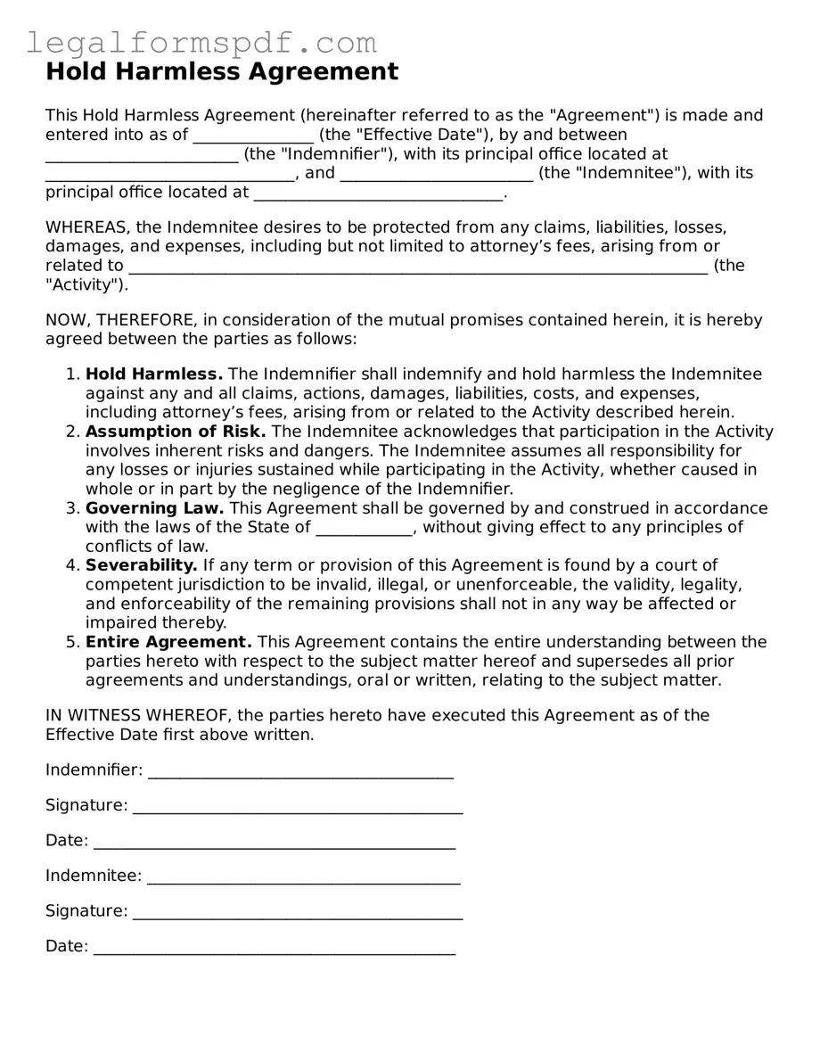 Official Hold Harmless Agreement Document