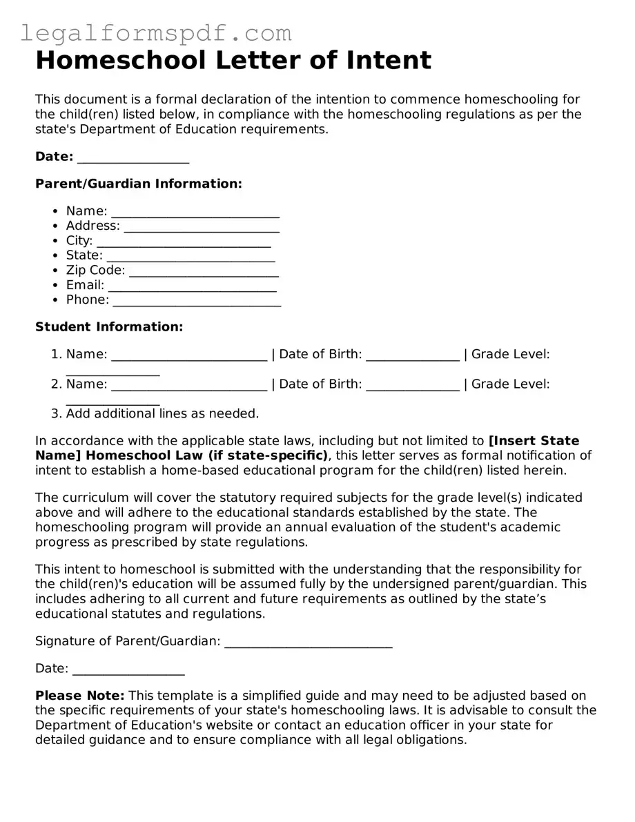Official Homeschool Letter of Intent Document