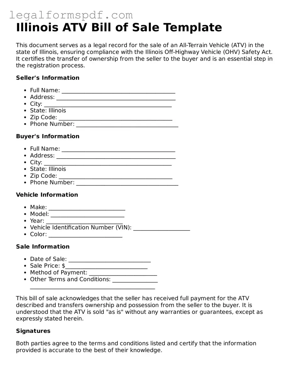 Fillable  ATV Bill of Sale Document for Illinois