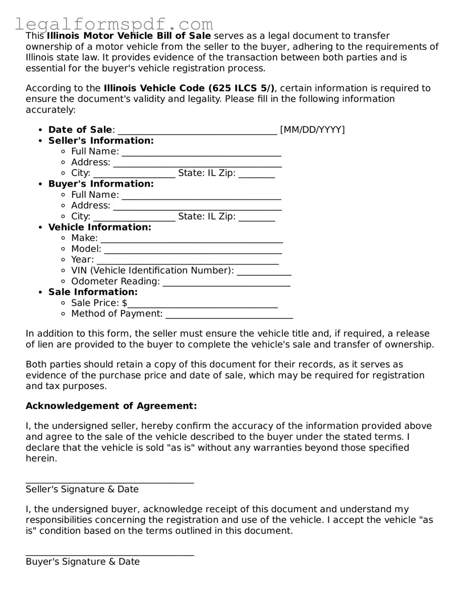 Fillable  Motor Vehicle Bill of Sale Document for Illinois