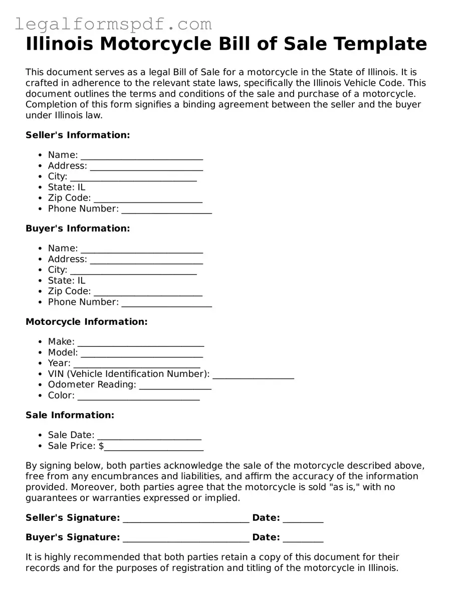 Fillable  Motorcycle Bill of Sale Document for Illinois
