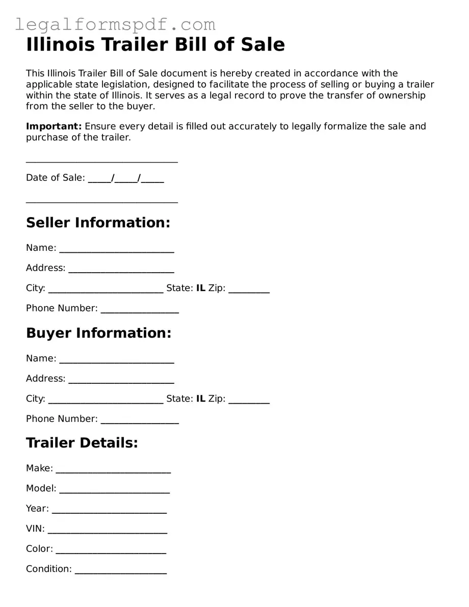 Fillable  Trailer Bill of Sale Document for Illinois