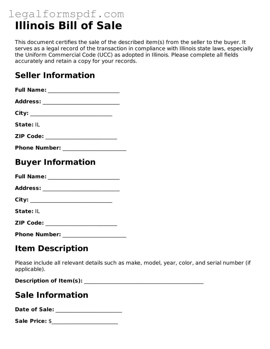 Fillable  Bill of Sale Document for Illinois