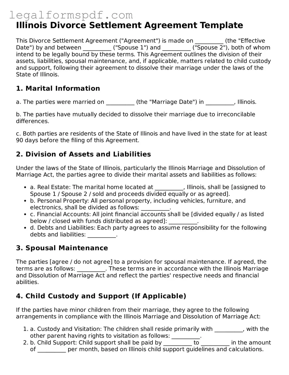 Fillable  Divorce Settlement Agreement Document for Illinois