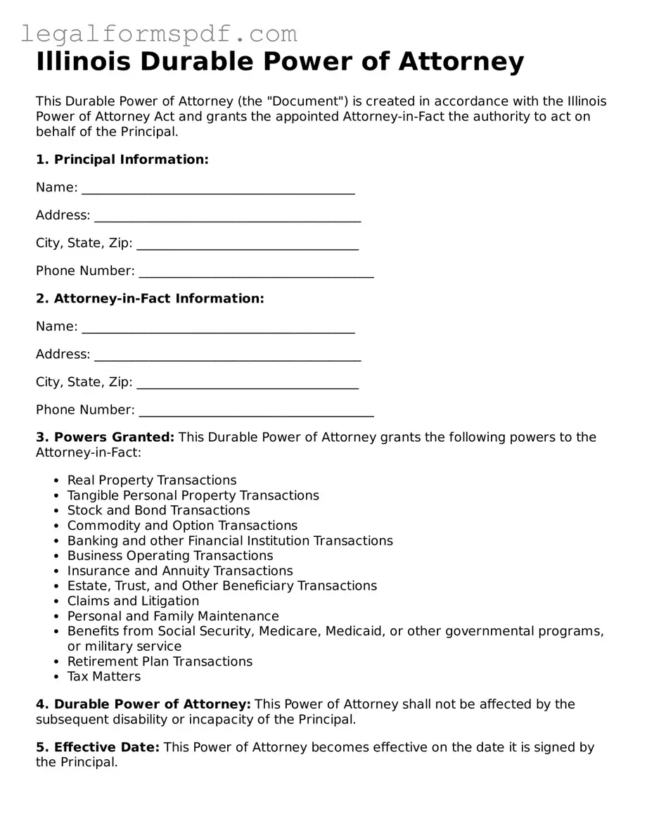Fillable  Durable Power of Attorney Document for Illinois