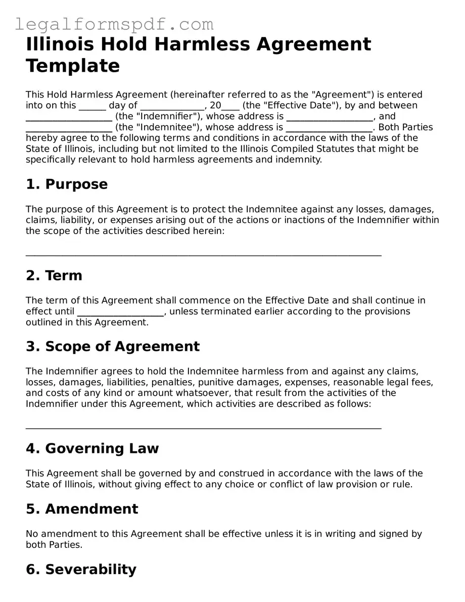 Fillable  Hold Harmless Agreement Document for Illinois
