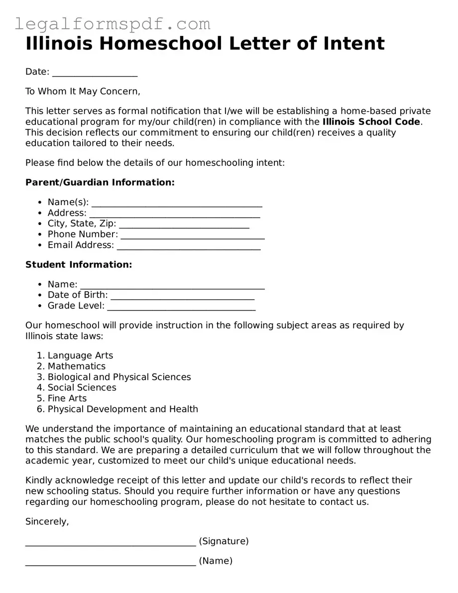 Fillable  Homeschool Letter of Intent Document for Illinois
