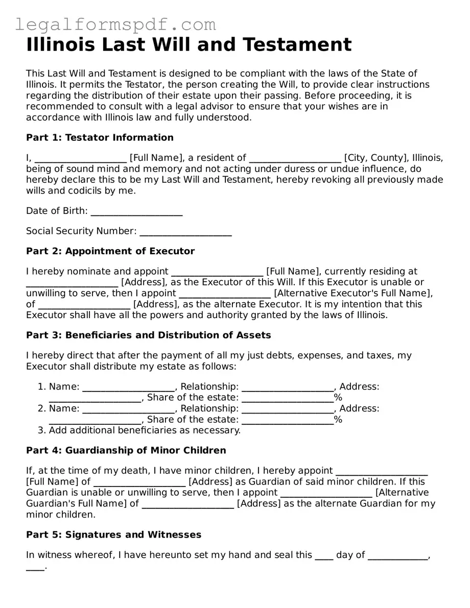 Fillable  Last Will and Testament Document for Illinois