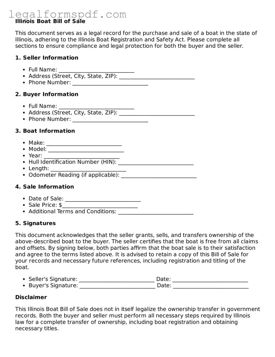 Fillable  Boat Bill of Sale Document for Illinois