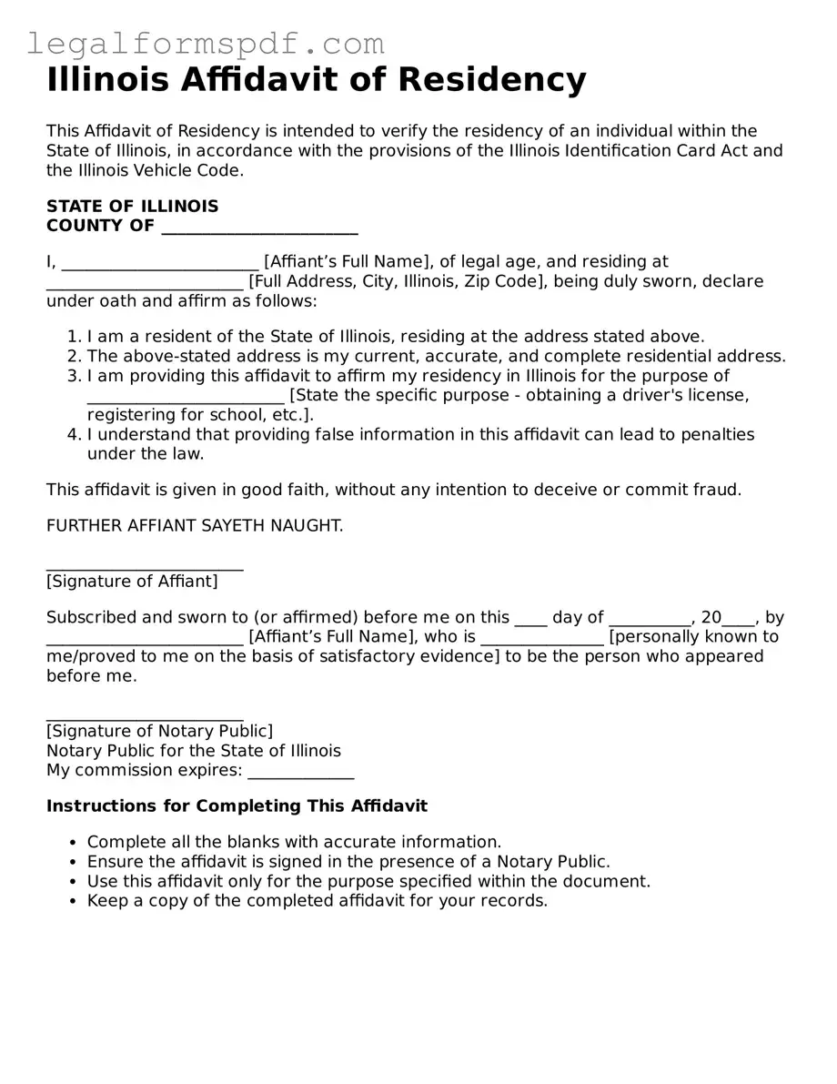 Fillable  Affidavit of Residency Document for Illinois