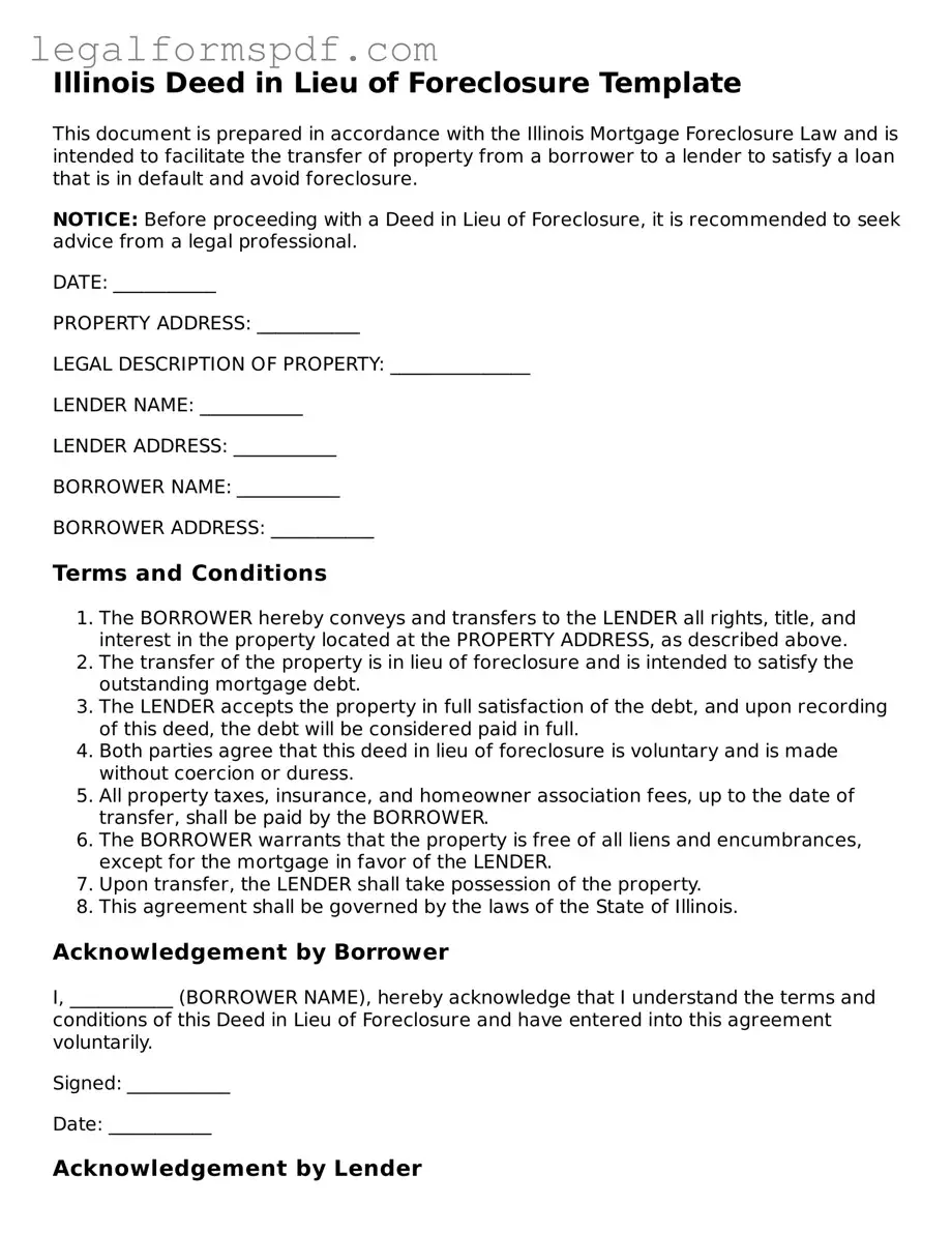 Fillable  Deed in Lieu of Foreclosure Document for Illinois