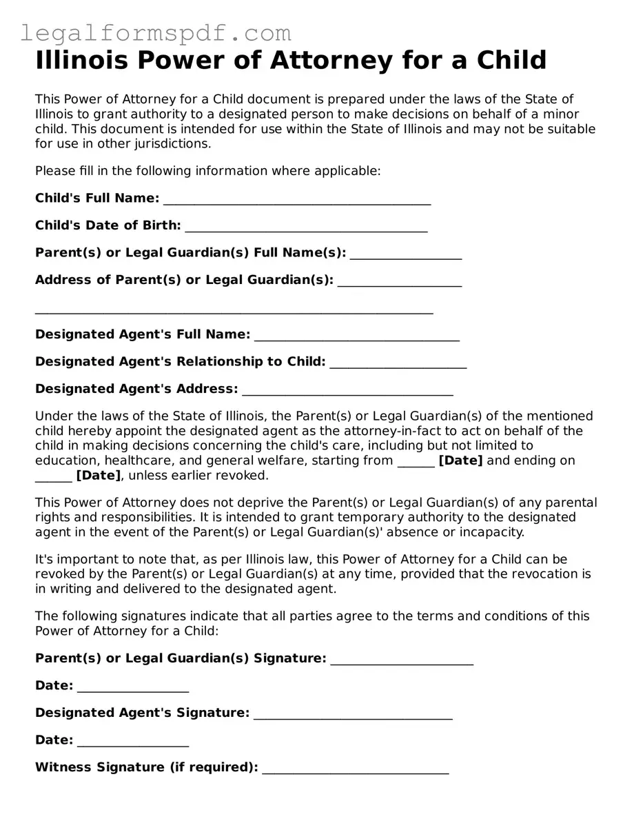 Fillable  Power of Attorney for a Child Document for Illinois