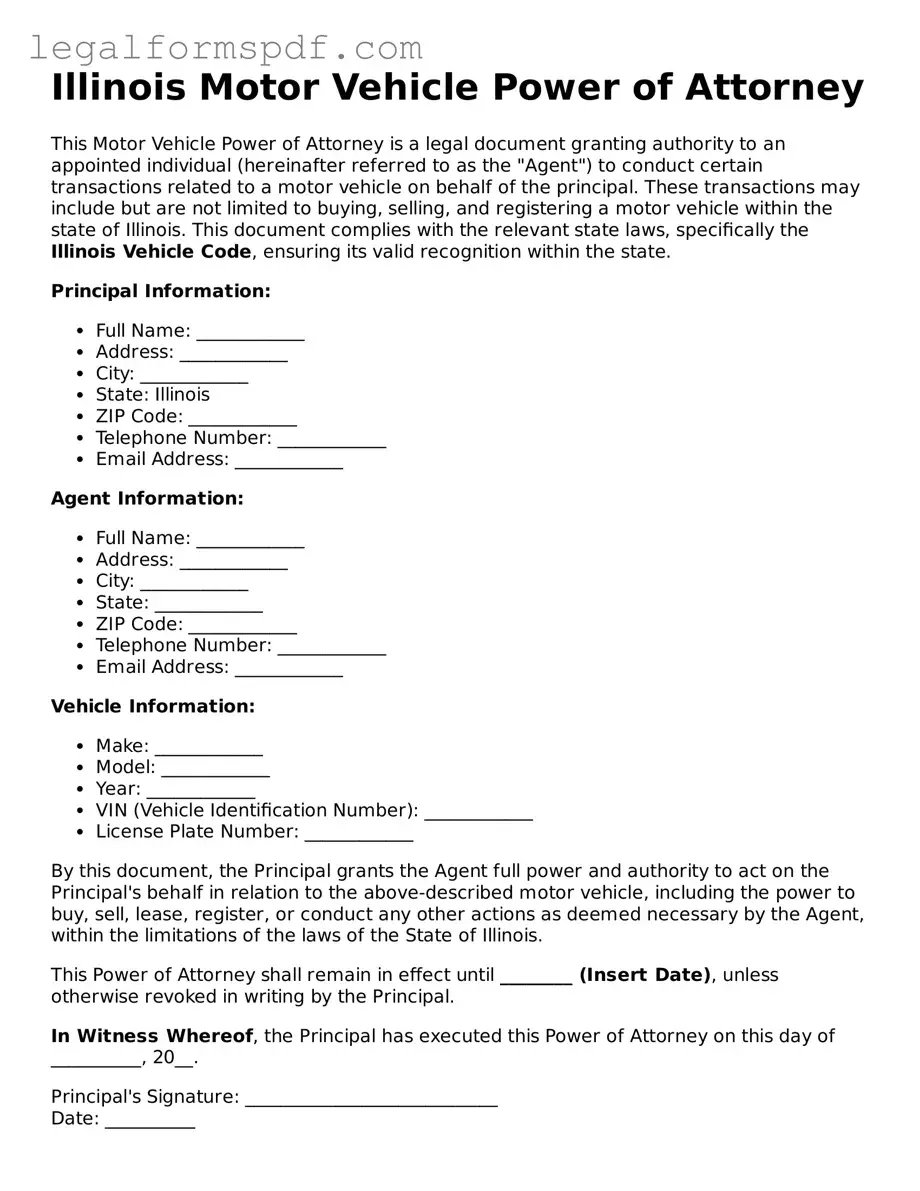 Fillable  Motor Vehicle Power of Attorney Document for Illinois