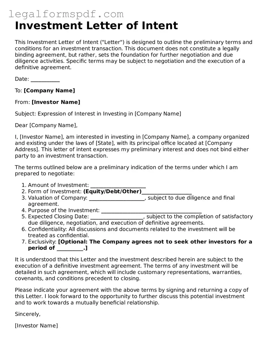 Official Investment Letter of Intent Document
