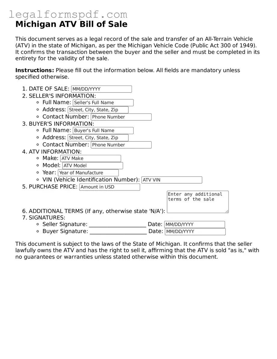 Fillable  ATV Bill of Sale Document for Michigan