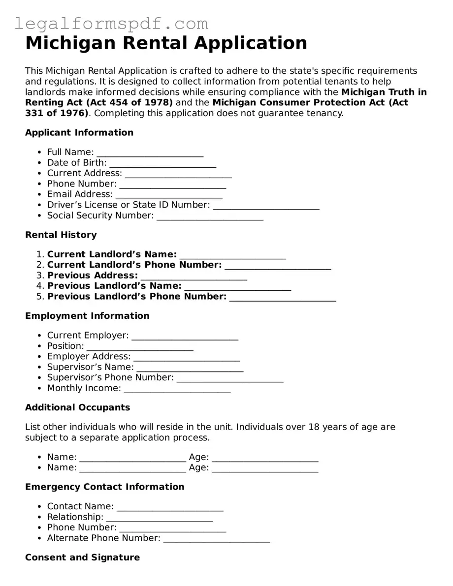 Fillable  Rental Application Document for Michigan