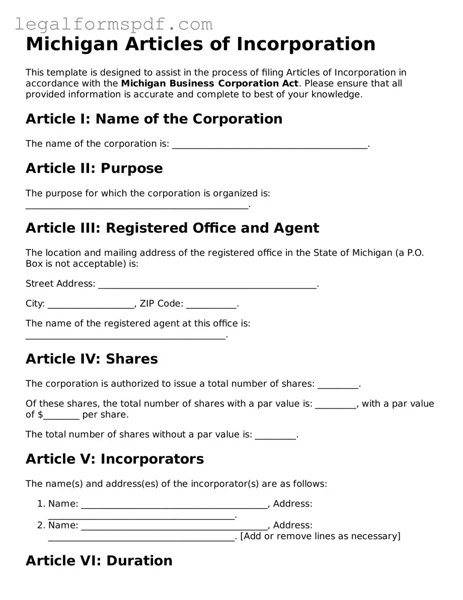Fillable  Articles of Incorporation Document for Michigan