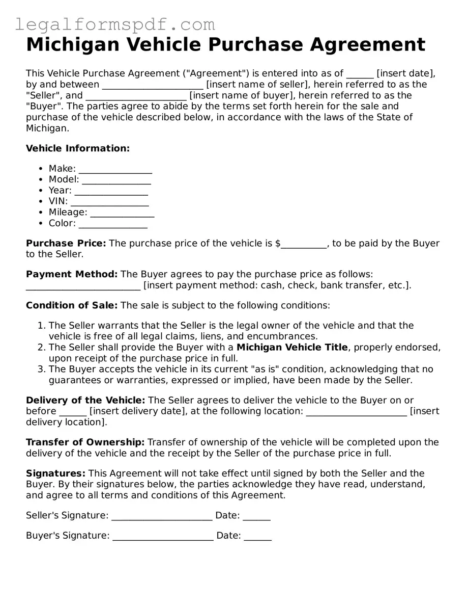 Fillable  Vehicle Purchase Agreement Document for Michigan