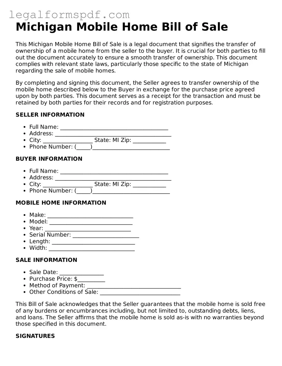Fillable  Mobile Home Bill of Sale Document for Michigan