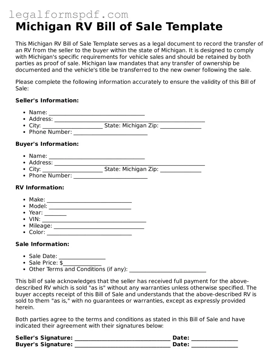 Fillable  RV Bill of Sale Document for Michigan