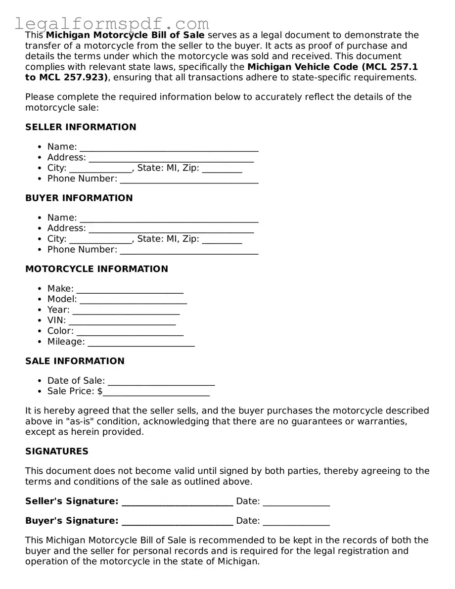 Fillable  Motorcycle Bill of Sale Document for Michigan