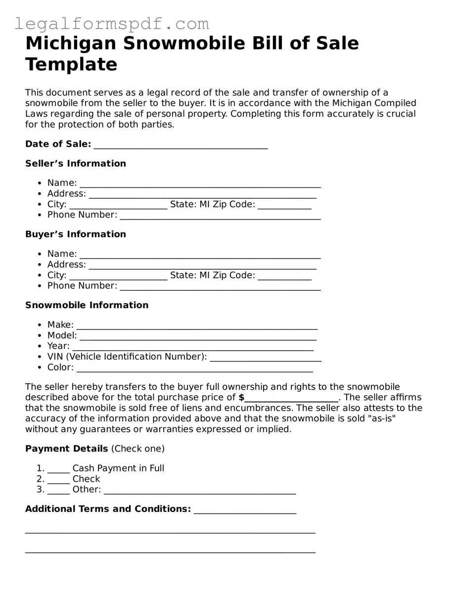 Fillable  Snowmobile Bill of Sale Document for Michigan