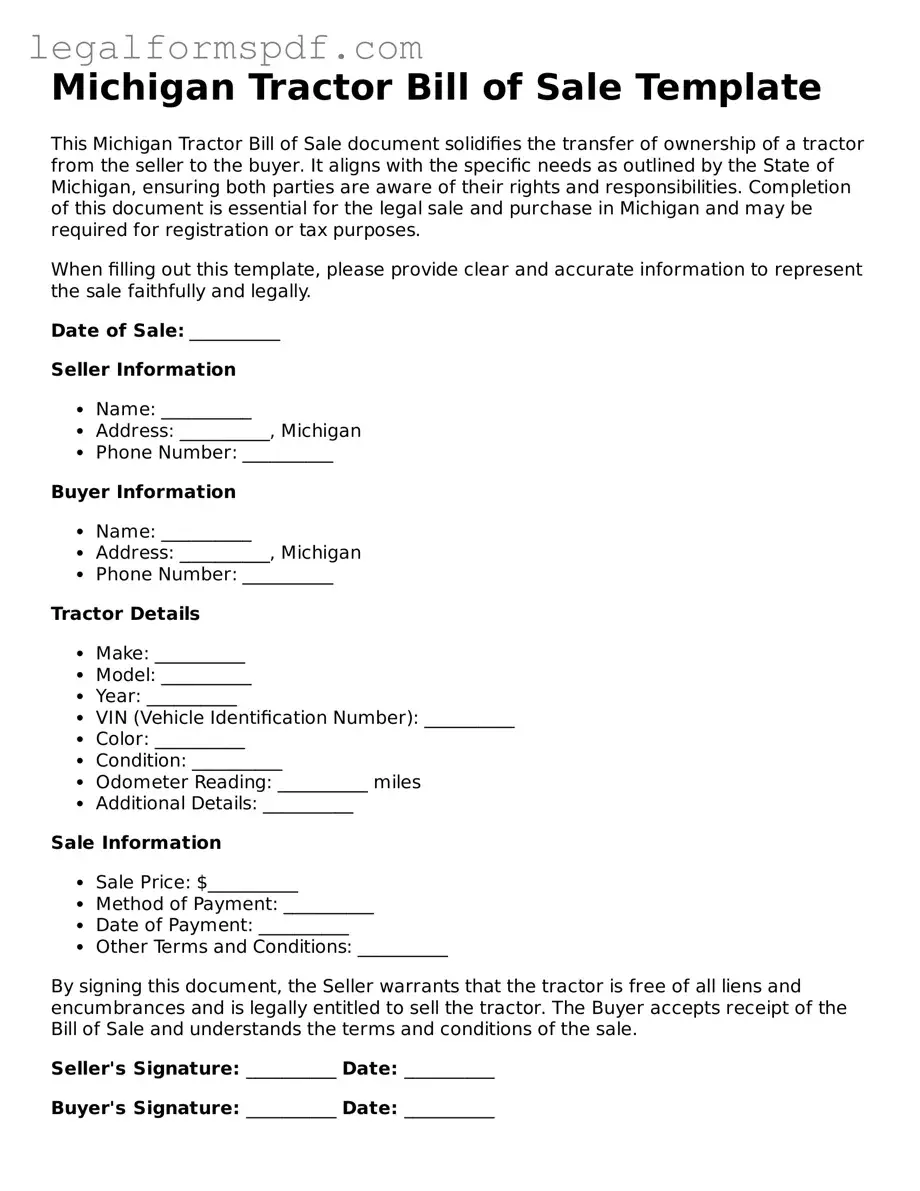 Fillable  Tractor Bill of Sale Document for Michigan