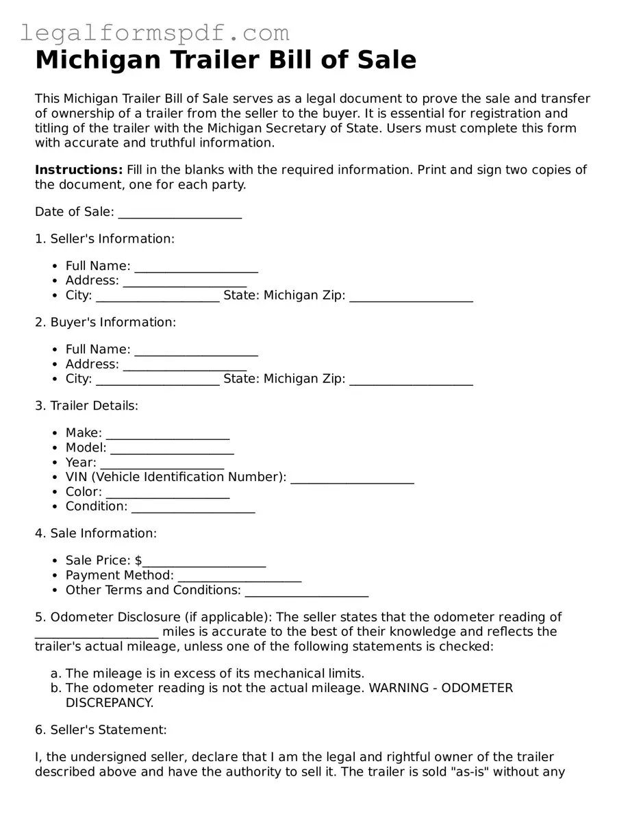 Fillable  Trailer Bill of Sale Document for Michigan