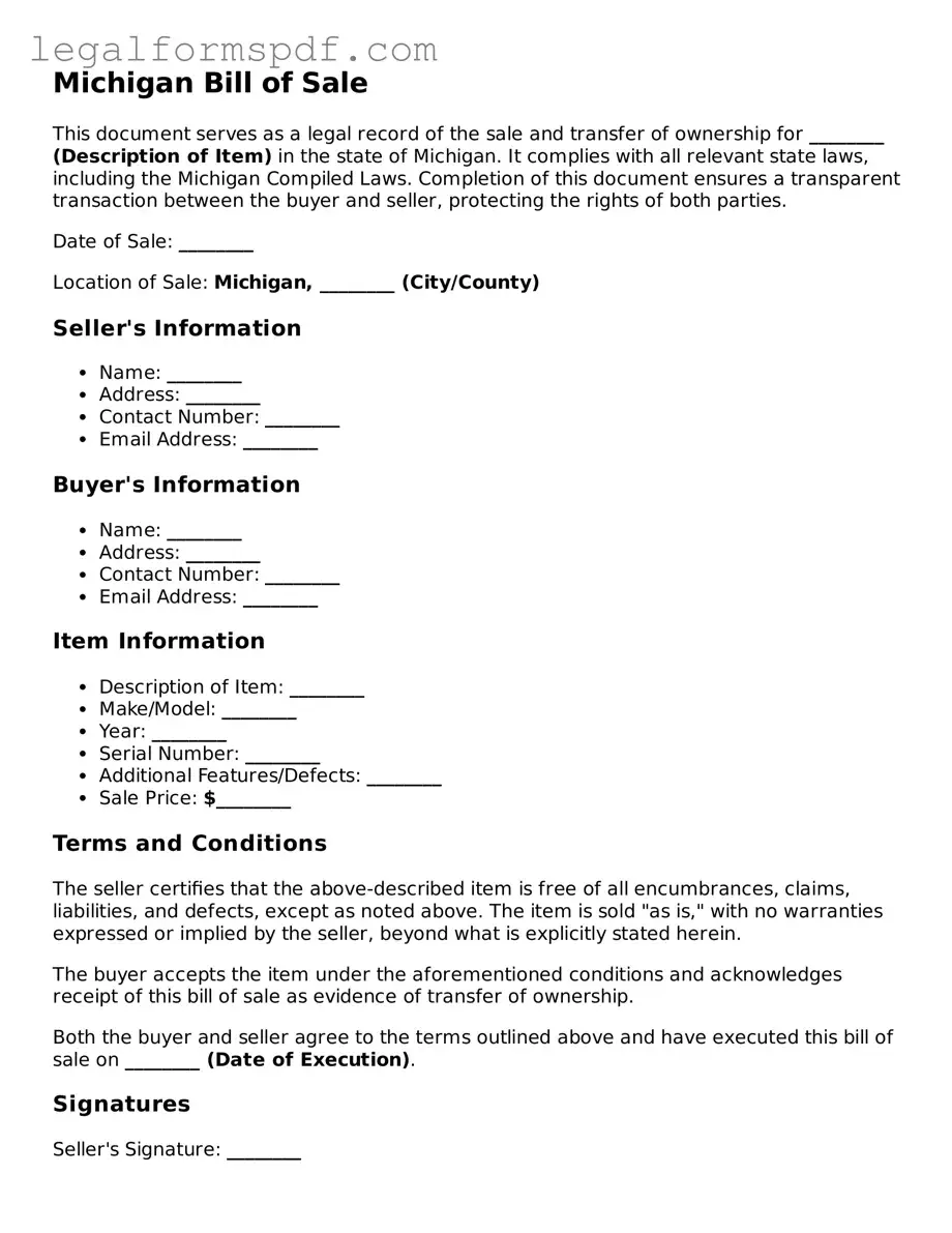 Fillable  Bill of Sale Document for Michigan