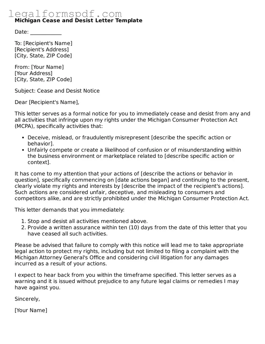 Fillable  Cease and Desist Letter Document for Michigan