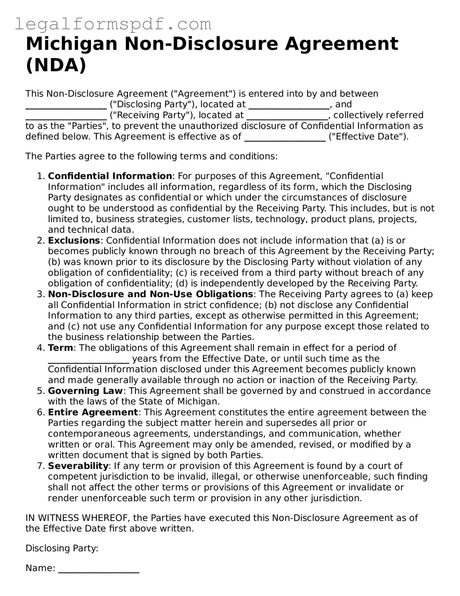 Fillable  Non-disclosure Agreement Document for Michigan