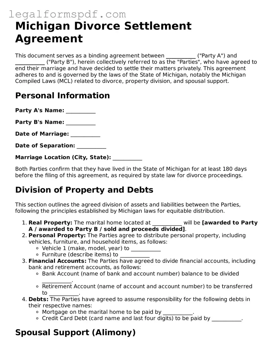 Fillable  Divorce Settlement Agreement Document for Michigan
