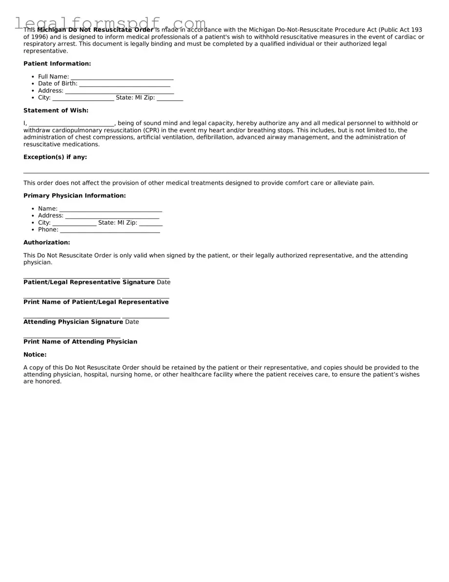Fillable  Do Not Resuscitate Order Document for Michigan